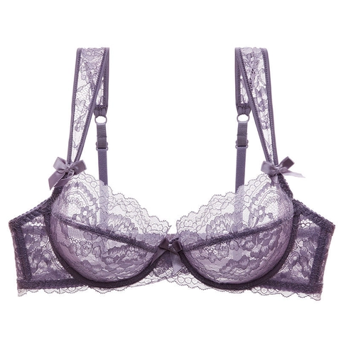 Sujetador de Encaje Transparente Ultrafino de Estilo Francés para Mujer Sexy con Aros Push Up Lencería con Lazo