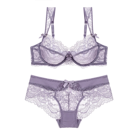 Conjunto de Lencería Sexy de Encaje Ultra-fino para Mujer Conjunto de Sujetador y Bragas de Malla Transparente Push-up Con Decoración de Lazo y Aros