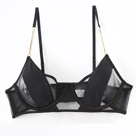 Women French Style Sexy Transparent Mesh Bra Underwired Ultra Thin Nylon Lingerie With Metal Chain Decoration Black Top