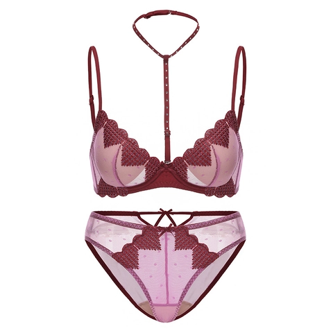 Sexy Französische Lingerie Herz Stickerei Netz Bügel BH Und Slip Mit Abnehmbarem Strass Neckholder Träger Für Damen Push Up Unterwäsche