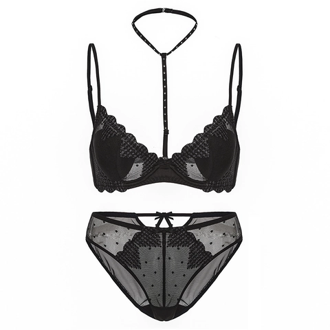 Lingerie Francese Sexy Reggiseno E Slip Ricamo Cuore Rete Halter Choker Strass Lingerie Per Donna Reggiseno E Intimo