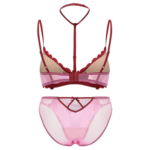Sexy Französische Lingerie Herz Stickerei Netz Bügel BH Und Slip Mit Abnehmbarem Strass Neckholder Träger Für Damen Push Up Unterwäsche