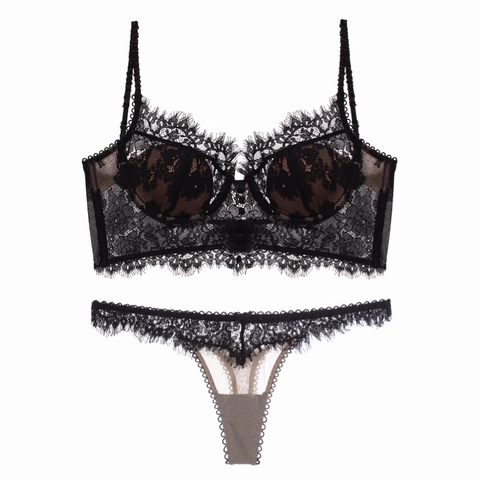 Sexy French Style Lace Lingerie For Women Eyelash Lace Push Up Bralette And Thong Breathable Backless Intimates Underwear