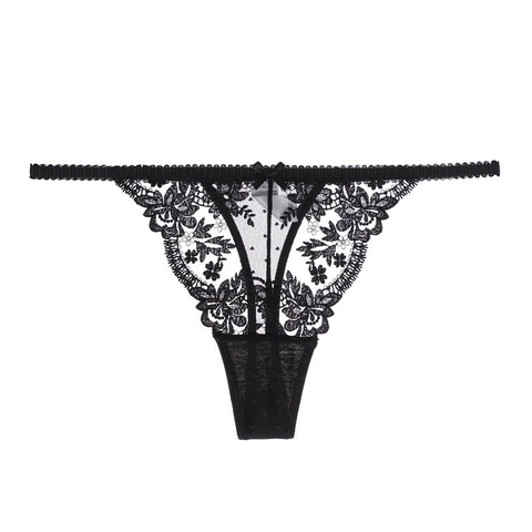 Sous-vêtements Sexy en Dentelle pour Femmes String Broderie Florale Taille Basse T-Back Culottes Transparent Ajouré avec Nœud