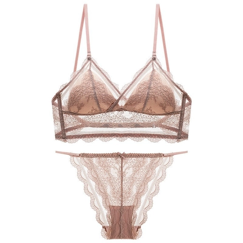 Completo Intimo Sexy in Pizzo Francese Reggiseno a Triangolo Senza Ferretto Schiena Bassa a U Spalline Regolabili Lingerie Floreale