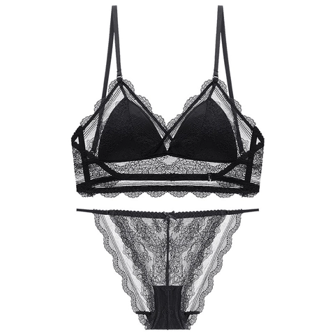 Sexy French Style Lace Lingerie Wireless Triangle Cup Bralette Deep V Backless Beautiful Back Bra And Panty Top And Bottom