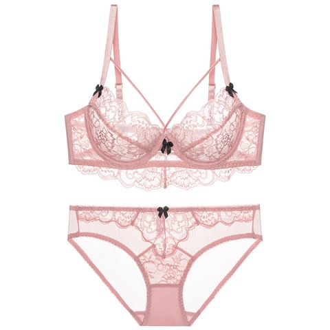Conjunto de Lencería de Encaje Ultrafino Francés Mujer Malla Transparente Sujetador con Aro y Bragas Lazo