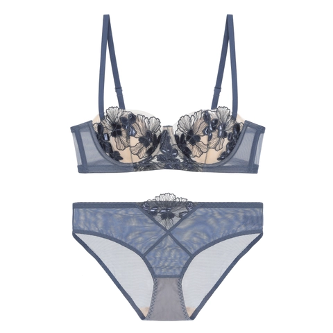 Sexy French Style Lace Embroidery Lingerie Set Mesh Thin 1/2 Cup Underwire Bra And Panties Two-Piece Set For Women