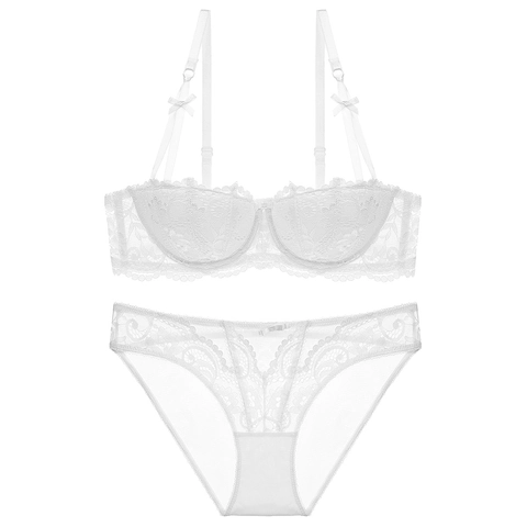Ensemble Soutien-gorge et Culotte en Dentelle Sexy Française Rembourré Fin Push Up Broderie Florale Bonnet 1/2 Femme