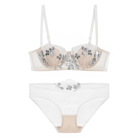 Sexy French Style Lace Embroidery Lingerie Set Mesh Thin 1/2 Cup Underwire Bra And Panties Two-Piece Set For Women