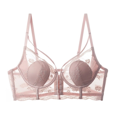 French Style Sexy Lace Bra For Women Thin Rabbit Ear Cup Front Buckle Beauty Back Push Up Floral Embroidery Bralette