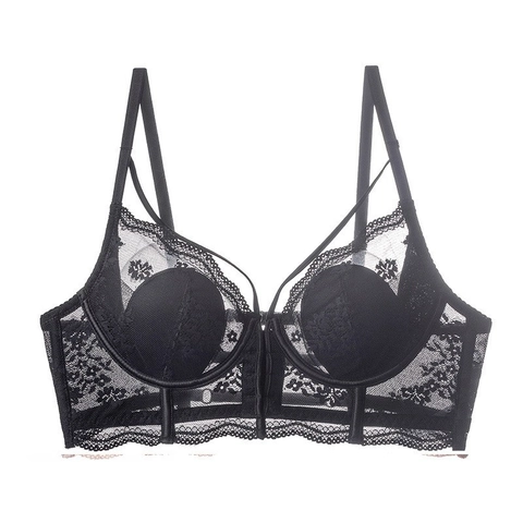 French Style Sexy Lace Bra For Women Thin Rabbit Ear Cup Front Buckle Beauty Back Push Up Floral Embroidery Bralette