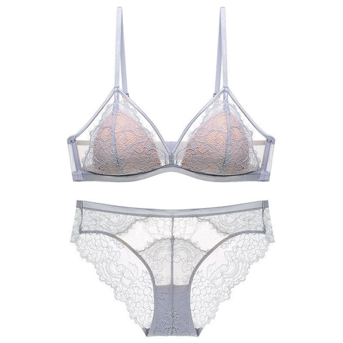 French Style Eyelash Lace Lingerie Set For Women Sexy Triangle Cup Wireless Breathable Mesh Bra And Panty Set Lingerie