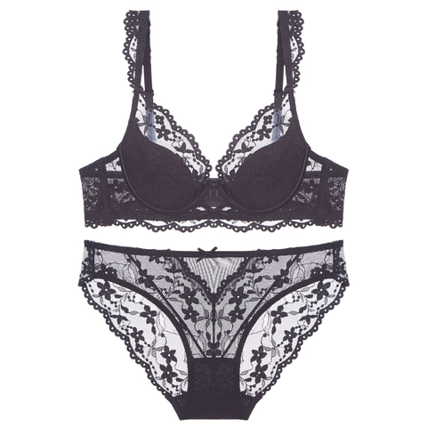 Sexy Set Reggiseno e Mutandine in Pizzo Francese da Donna Ricamo Floreale Ferretto Morbido Traspirante Push Up Lingerie
