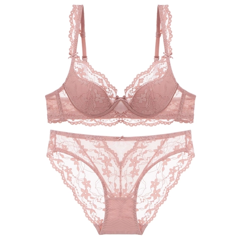 Lencería de Encaje Francesa Sexy para Mujer Sujetador Y Bragas Push Up Delgado con Aro Bordado Floral Ropa Interior Romántica Elegante