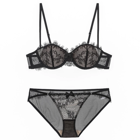 French Eyelash Lace Bra And Panties Lingerie For Women Sexy Soft Underwire Push Up Half Cup Floral Pattern Bow Decor Underwear