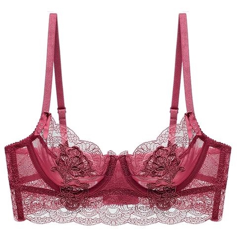 Sujetador Sexy Estilo Francés Ultrafino de Encaje Transparente Bordado Floral con Aros Minimizador Lencería Bralette para Mujer