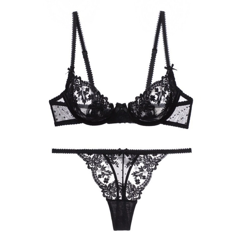 Lingerie Française Sexy Dentelle Florale Soutien-gorge Minimiseur Avec Armatures Et String Broderie Transparente Nœud Femme