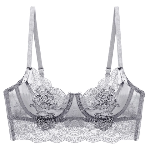 Sujetador Sexy Estilo Francés Ultrafino de Encaje Transparente Bordado Floral con Aros Minimizador Lencería Bralette para Mujer