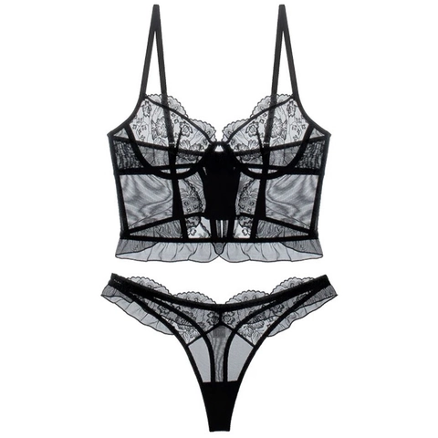Ensemble Lingerie Française Sexy Soutien-gorge Bustier en Dentelle Florale Et String Corset Baleine en Maille Sous-vêtements Brodés Romantiques