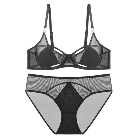 Conjunto de Lencería Sexy de Malla Estilo Francés para Mujer Sujetador con Aros Ultrafino Transparente y Bragas Dos Piezas