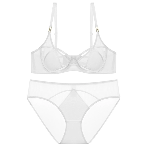 Conjunto de Lencería Sexy de Malla Estilo Francés para Mujer Sujetador con Aros Ultrafino Transparente y Bragas Dos Piezas
