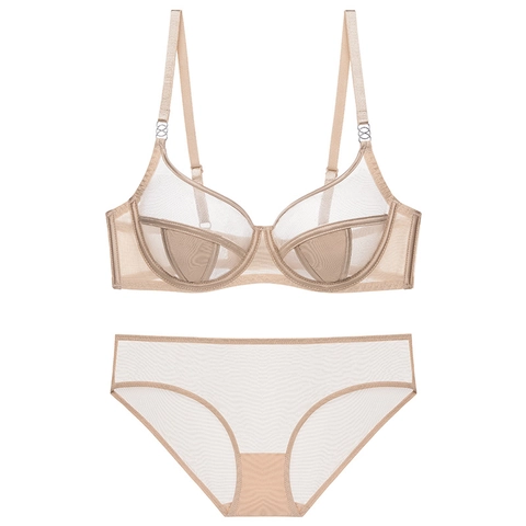 Sexy Französischer Stil Ultradünnes Netz BH-Set Für Damen Bügel Große Cups Transparentes Spitze Lingerie BH Und Slip Set