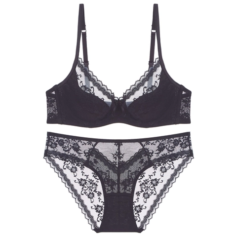 Sexy Set Reggiseno in Pizzo Francese Coppa Sottile Con Ferretto Lingerie Push Up Ricamo Floreale Reggiseno e Slip per Donna