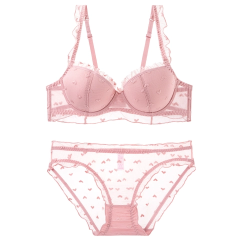 Sexy Completo Intimo Stile Francese Donna Reggiseno In Pizzo Sottile E Slip Ferretto Morbido Rete Cuore Flaccato Lingerie Set Volant