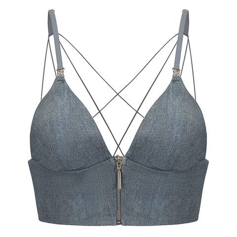 Franse Stijl Voorsluiting Beha Sexy Gekruiste Rug Dunne Bandjes Denim Glitter Shimmer Bralette Voor Dames Feest Mode