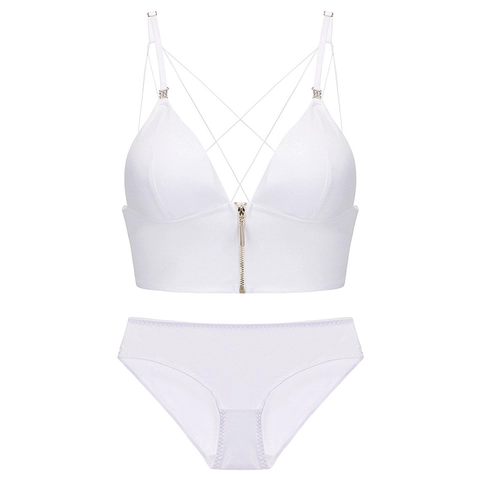 Bralette à Fermeture Éclair Avant Style Français pour Femmes Sexy Look Denim Bretelles Strass Sans Armature Ensemble Soutien-Gorge et Culotte