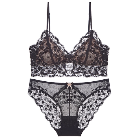Set di Lingerie in Pizzo Sexy Stile Francese per Donna Spalline Sottili Regolabili Reggiseno a Triangolo Senza Ferretto E Set di Slip