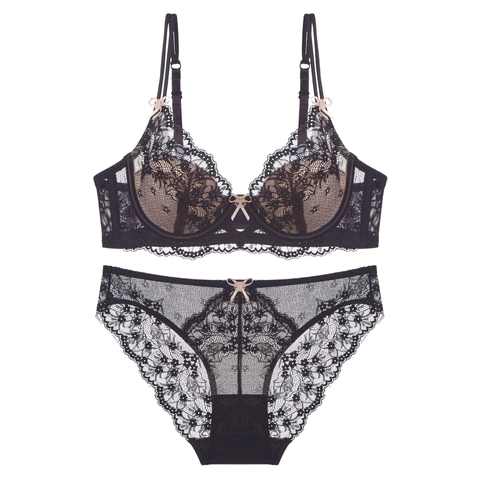 French Style Sexy Lace Floral Embroidery Bra And Panty For Women Thin Cup Underwire Push Up Lingerie Breathable Intimates