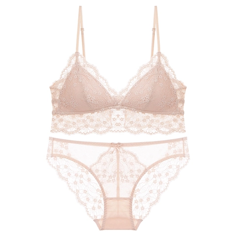 Conjunto de Lencería de Encaje Sexy Estilo Francés Sujetador y Braga Copa Triangular Sin Aros Bordado Floral para Mujer