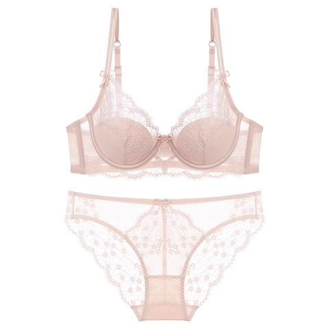 French Style Sexy Lace Floral Embroidery Bra And Panty For Women Thin Cup Underwire Push Up Lingerie Breathable Intimates