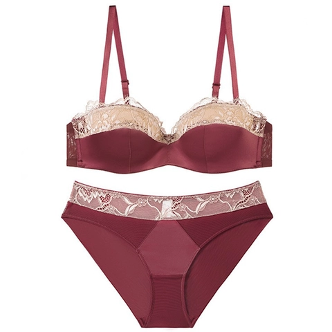 Conjunto de Sujetador y Braga de Satén y Encaje Estilo Francés Con Aros Push Up Lencería Mujer Bordado Floral Lazo