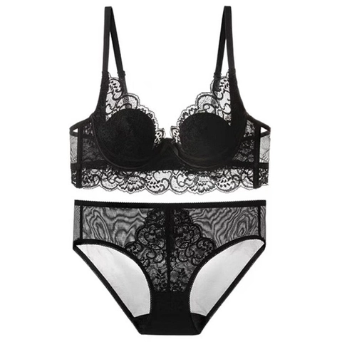Ensemble de Lingerie en Dentelle Style Français pour Femmes Soutien-Gorge et Culotte Oreille de Lapin Minimiseur Sexy Respirant avec Armatures