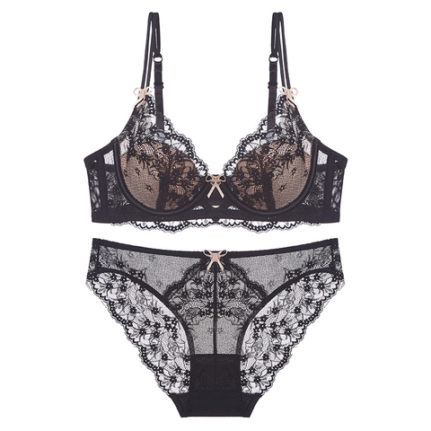 Women French Retro Lace Lingerie Top And Bottom Set Sexy Breathable Bowknot Embroidery Floral Sheer Mesh Lingerie For Women