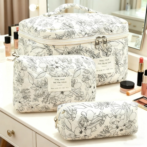 Neceser De Algodón Acolchado Lindo Patrón De Elefante Bolsa Organizadora De Maquillaje Con Cremallera De Cinta Para Mujeres
