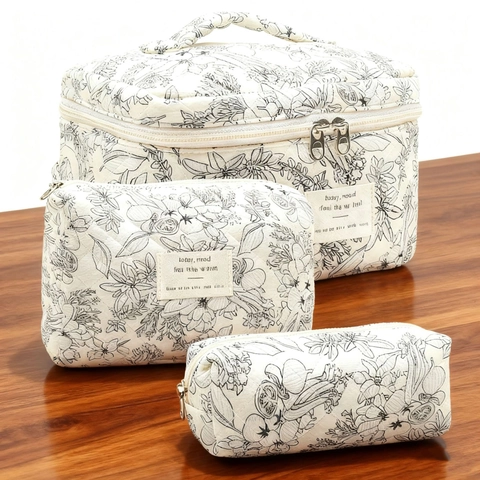 Neceser De Algodón Acolchado Lindo Patrón De Elefante Bolsa Organizadora De Maquillaje Con Cremallera De Cinta Para Mujeres