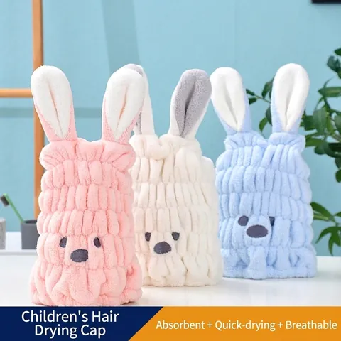 Cartoon Rabbit Ears Hair Drying Cap Coral Fleece Super Absorbent Quick Dry Shower Towel Head Wrap For Women Kids