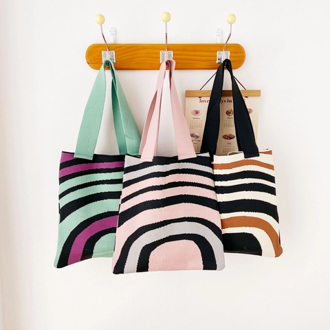 Sac Fourre-Tout En Tricot Femmes Motif Rayé Style Pastoral Polyester Sac À Épaule Sac À Provisions Sac À Main Esthétique Décontracté