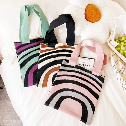 Sac Fourre-Tout En Tricot Femmes Motif Rayé Style Pastoral Polyester Sac À Épaule Sac À Provisions Sac À Main Esthétique Décontracté