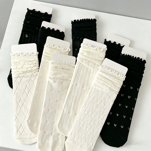 Japanese JK Style Ruffle Mid-Calf Socks For Women Polyester Breathable Slouchy Socks Mesh Texture Solid Color Socks