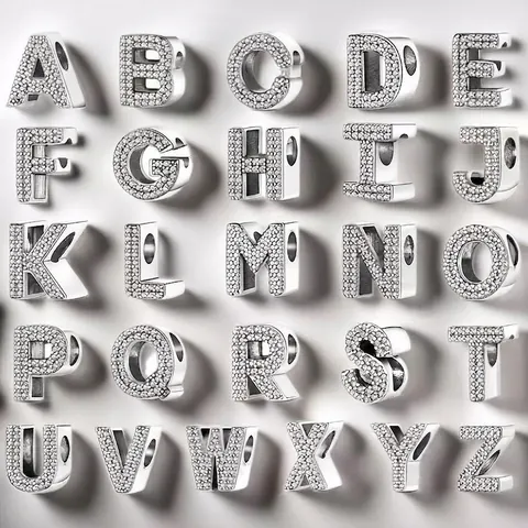 Alphabet Initial Letter Charm Bead Micro Pave Zircon Silver Plated Copper For DIY Bracelet Necklace Jewelry Making Fashion Women
