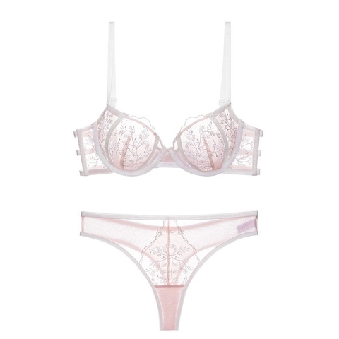 Lingerie Sexy con Ricamo in Pizzo per Donna Reggiseno e Mutandine in Mesh Traspirante Ultrasottile Intimo Effetto Riducente
