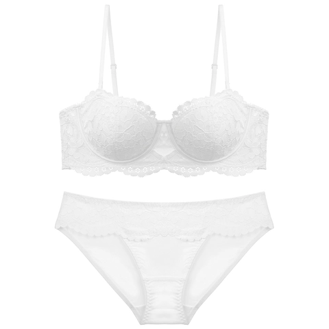 Conjunto de Sujetador de Encaje de Estilo Francés para Mujer Lencería Sexy Bordada con Flores Transparentes Media Copa Fina Top And Bottom