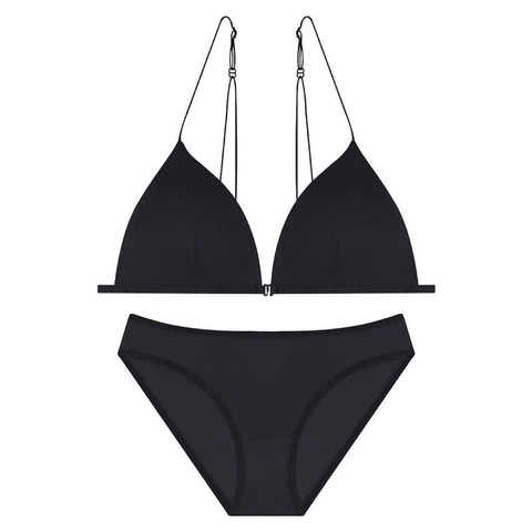 Lingerie da Donna Francese Sexy in Cotone a Coste Reggiseno a Triangolo Senza Ferretto Fibbia Anteriore Spalline Sottili Slip Schiena Bella