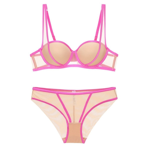 Women Contrast Color Mesh Bra And Panty Matching Nylon Spandex Push Up Breathable Sexy Lingerie Modern Minimalist Underwear