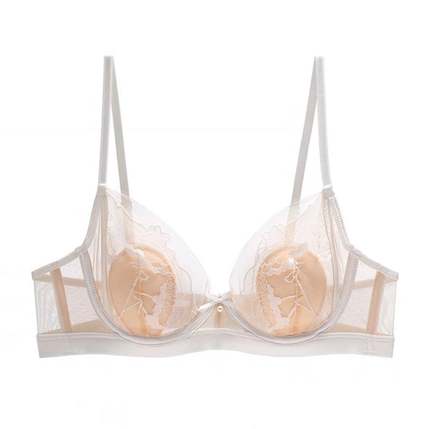 French Sexy Lace Embroidery Bra For Women Mesh Ultra-Thin Support Breathable Underwired Contrast Color Lingerie Bra